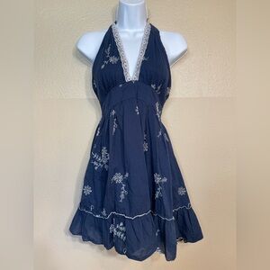 Raviya Boho Navy Backless Dress with White Embroidery 100% cotton size small